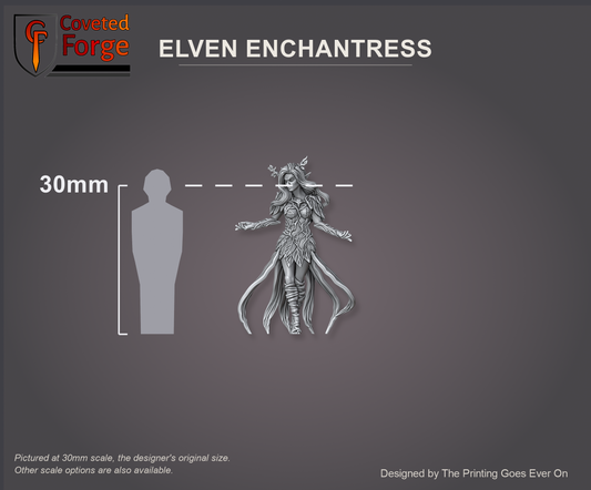 Elven Enchantress beside a 30mm human silhouette for scale, pictured at 30mm original scale, also offered at 28mm and 32mm