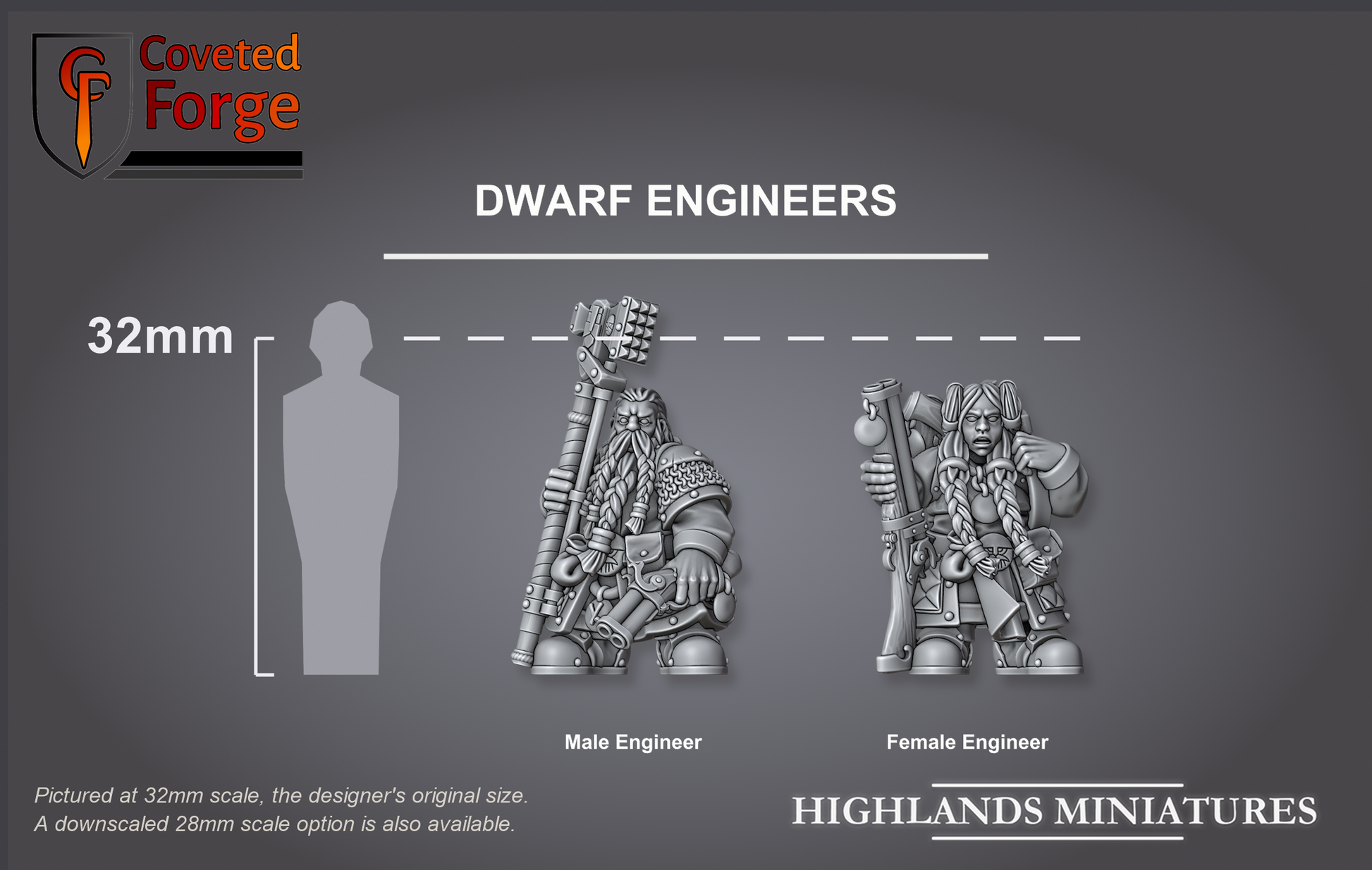 Dwarf Engineers, male and female, size compared to a 32mm human