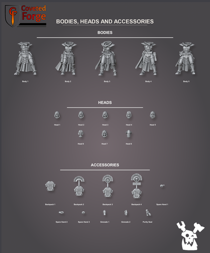 Labeled render of the Eruptrix bodies, heads and accessories: five bodies, eight heads, four backpacks, grenades and purity seal