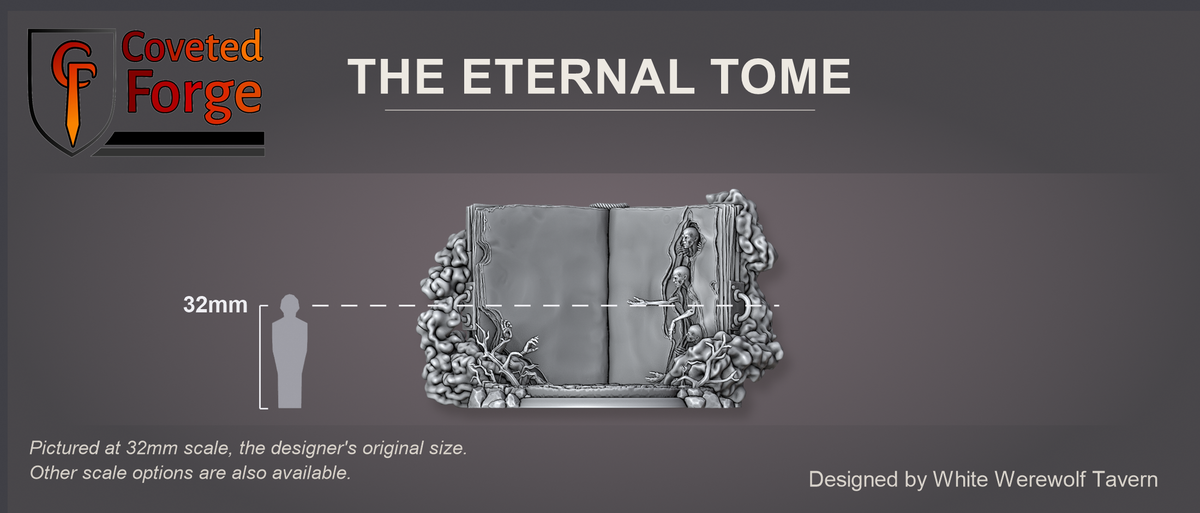 The Eternal Tome: Famine shown at 32mm scale beside a 32mm human silhouette for scale reference; a larger 75mm scale is also offered.
