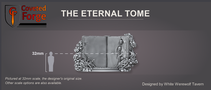 The Eternal Tome: Famine shown at 32mm scale beside a 32mm human silhouette for scale reference; a larger 75mm scale is also offered.