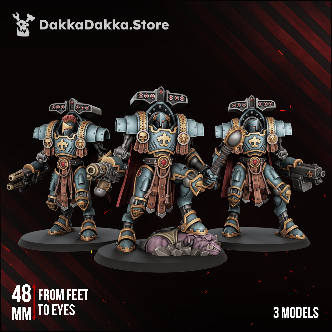 Insolentis Exosceletus squad of three armoured exosuit warriors with bolter, flamer and multi-melta, front view, sci-fi resin build kit, Dakka Dakka Store render