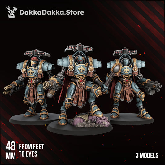 Insolentis Exosceletus squad of three armoured exosuit warriors with bolter, flamer and multi-melta, front view, sci-fi resin build kit, Dakka Dakka Store render