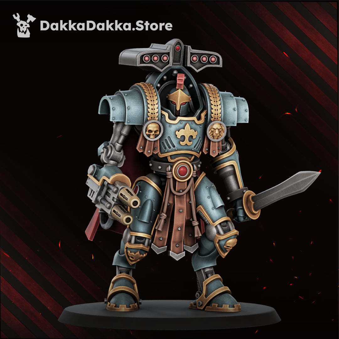 Insolentis Exosceletus Model 3 built with the flamer and the blade, crested helm, front view, Dakka Dakka Store render
