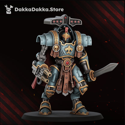 Insolentis Exosceletus Model 3 built with the flamer and the blade, crested helm, front view, Dakka Dakka Store render