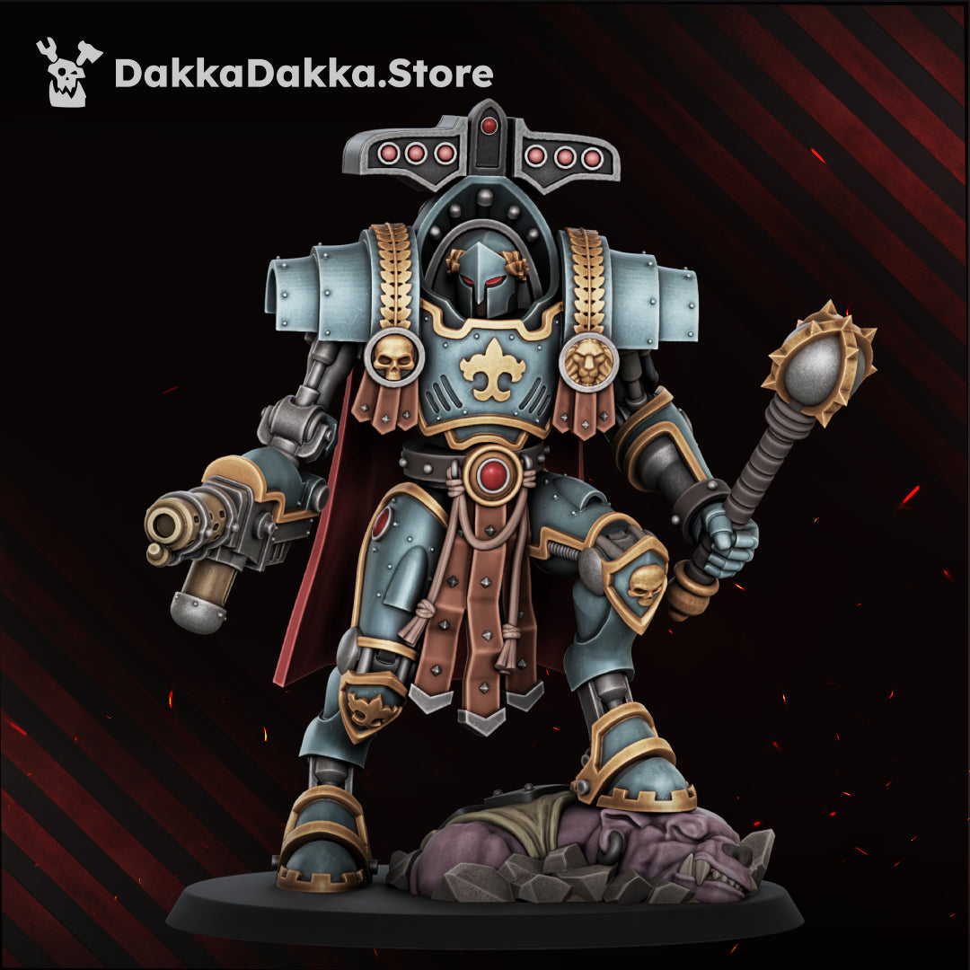 Insolentis Exosceletus Model 2 built with the multi-melta and the mace, standing on the fallen greenskin, front view, Dakka Dakka Store render