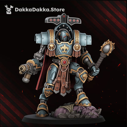 Insolentis Exosceletus Model 2 built with the multi-melta and the mace, standing on the fallen greenskin, front view, Dakka Dakka Store render