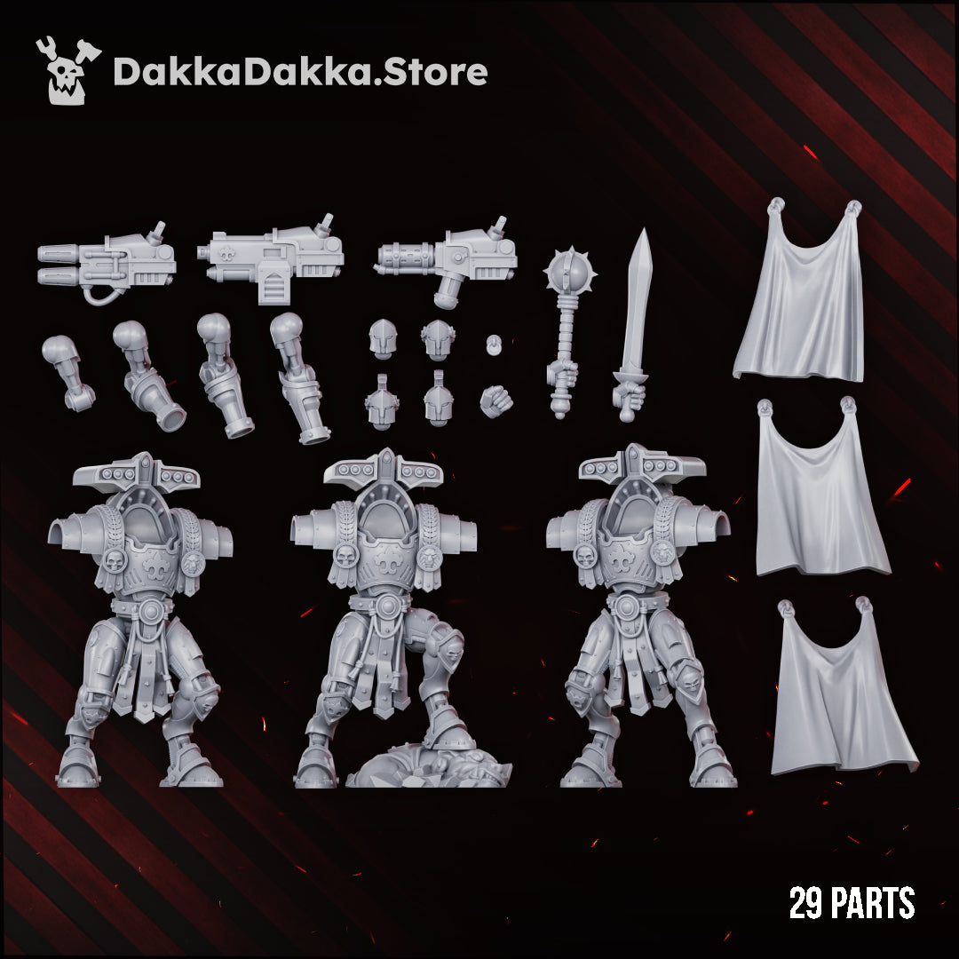 Insolentis Exosceletus parts layout: the three bodies, three guns, blade, mace, arms, hands, four heads and three capes, twenty-nine parts, Dakka Dakka Store render