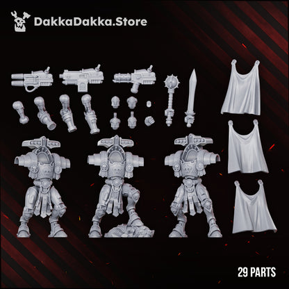 Insolentis Exosceletus parts layout: the three bodies, three guns, blade, mace, arms, hands, four heads and three capes, twenty-nine parts, Dakka Dakka Store render