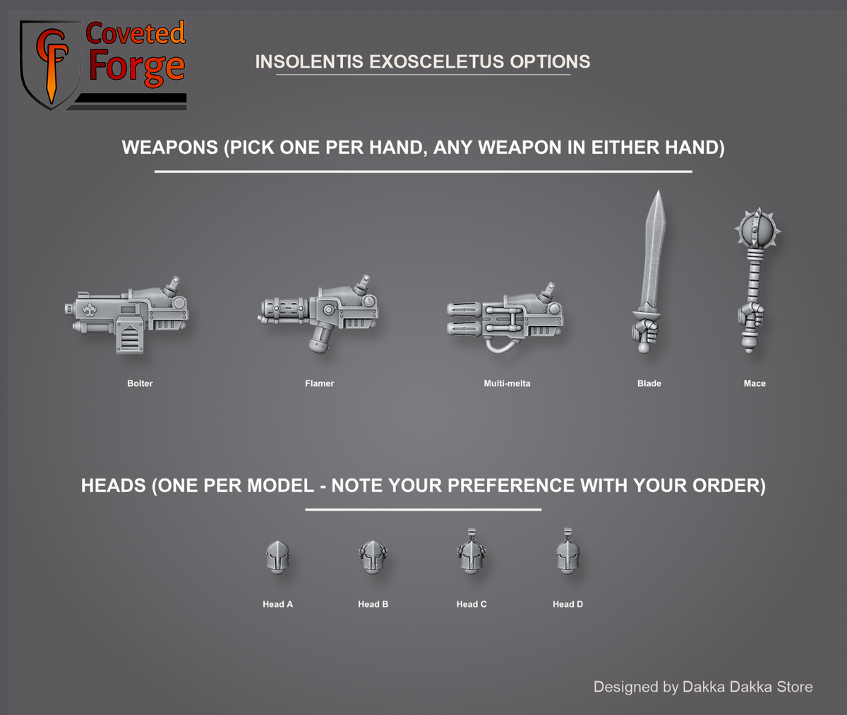Insolentis Exosceletus options sheet: Bolter, Flamer, Multi-melta, Blade and Mace, any weapon in either hand, and the four head designs Head A to Head D, one head per model