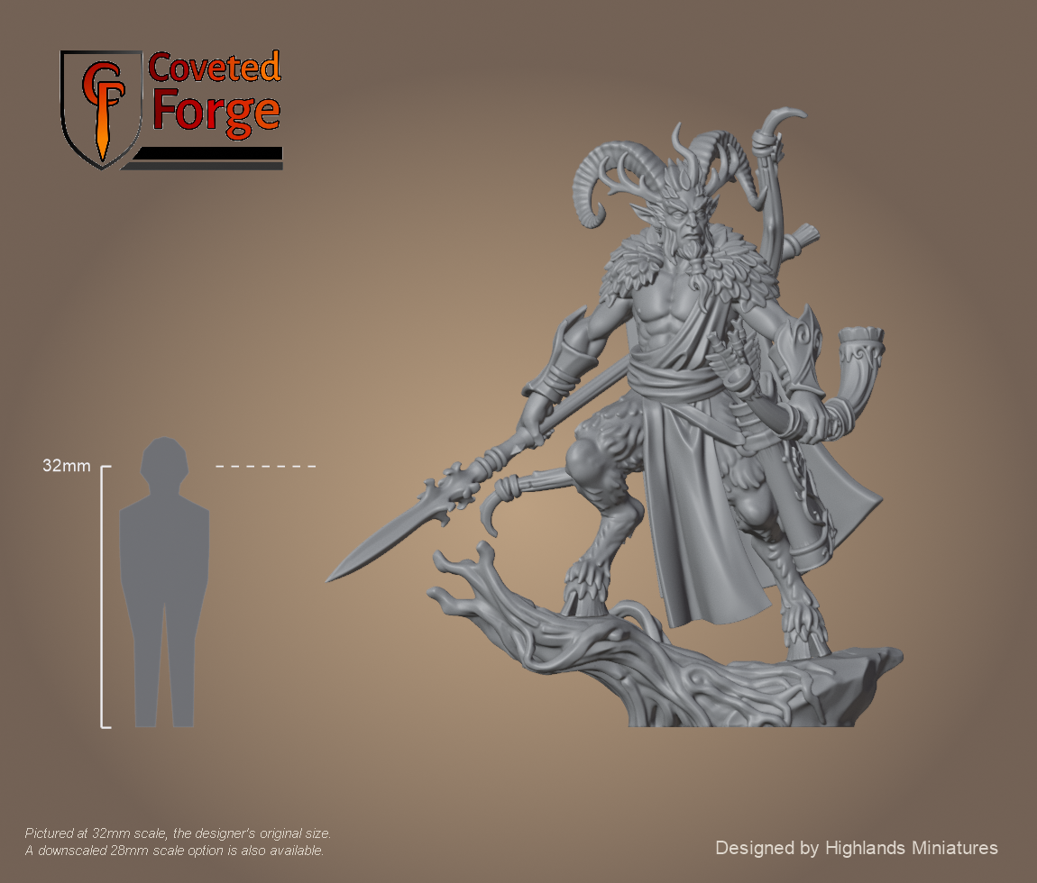 Feral Faunus forest demigod on its scenic base at 32mm scale beside a 32mm human reference, resin monstrous infantry by Highlands Miniatures
