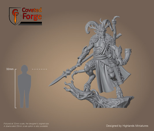 Feral Faunus forest demigod on its scenic base at 32mm scale beside a 32mm human reference, resin monstrous infantry by Highlands Miniatures