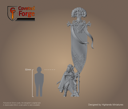 Feral Elf Battle Standard Bearer with full tree banner raised at 32mm scale beside a 32mm human reference, wood elf command resin by Highlands Miniatures