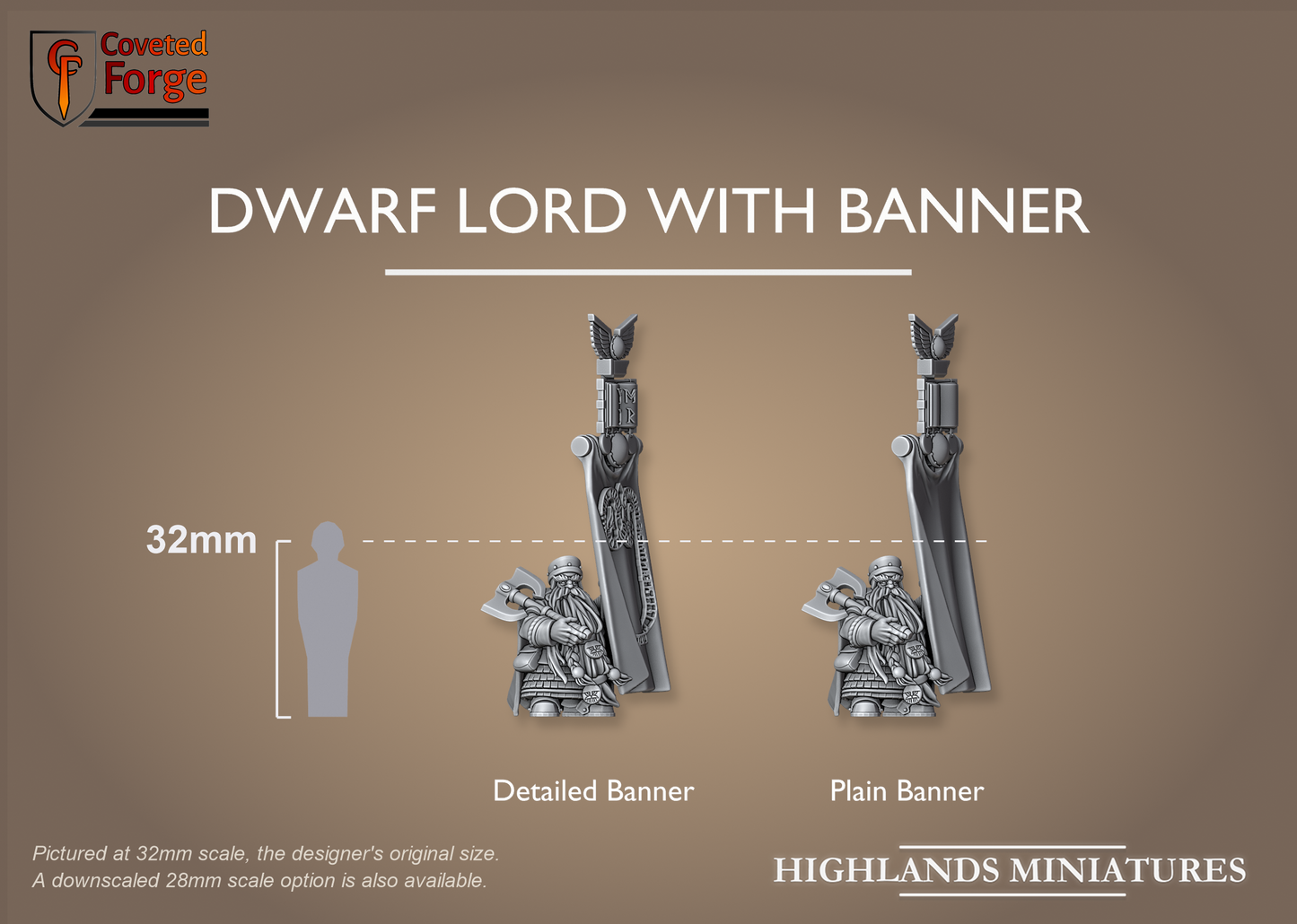 Dwarf Lord with Banner, Detailed and Plain banner options, 32mm scale