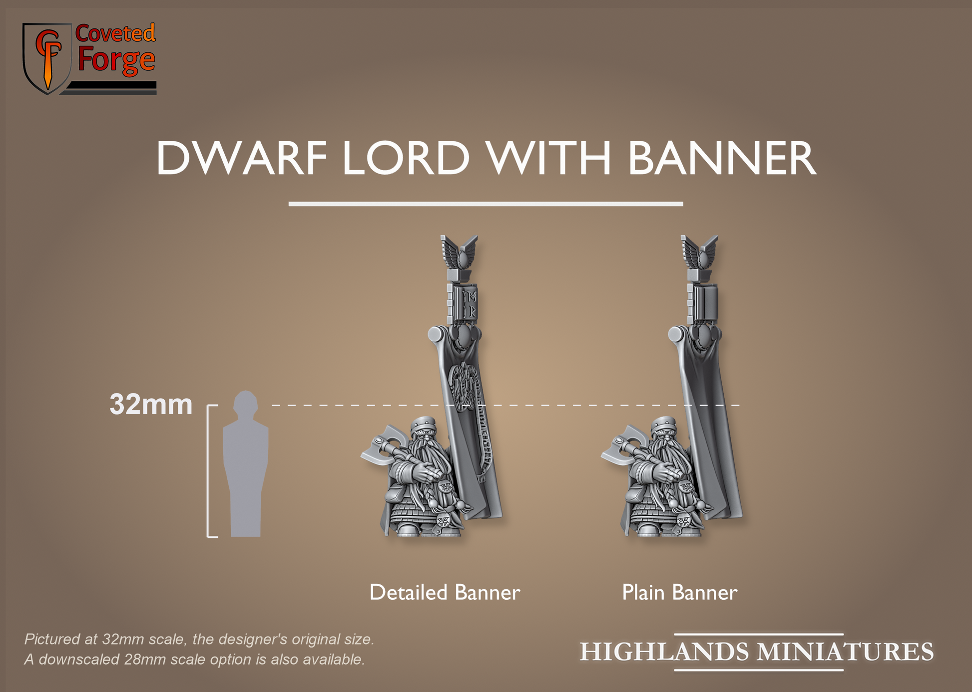 Dwarf Lord with Banner, Detailed and Plain banner options, 32mm scale