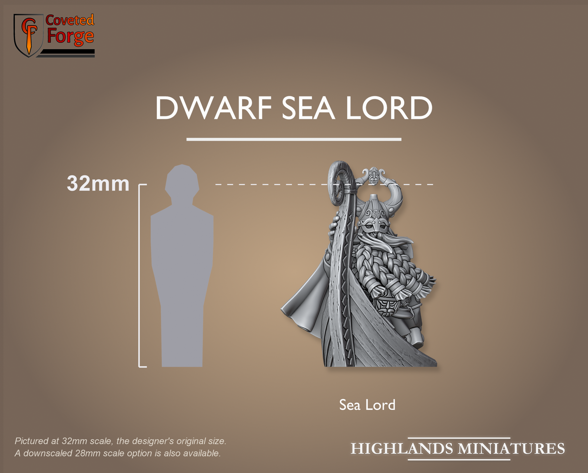 Dwarf Sea Lord on his longship prow beside a 32mm human, scale note