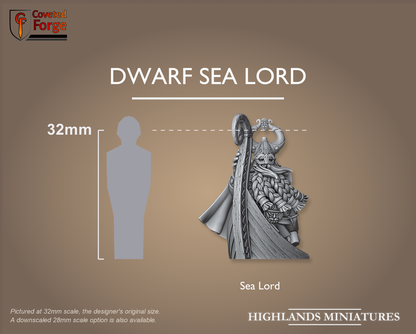 Dwarf Sea Lord on his longship prow beside a 32mm human, scale note