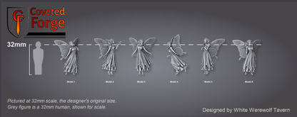 Scale reference: Fairies at 32mm scale beside a 32mm human silhouette