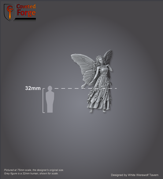 Scale reference: Fairy Display Model at 75mm scale beside a 32mm human silhouette