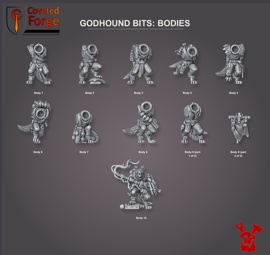 Coveted Forge bits sheet: Bodies (1 of 4), Rabid Godhound Cultists build kit, every part labelled as in the dropdown