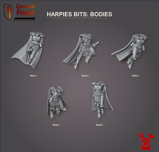Coveted Forge bits sheet: Bodies (1 of 6), Legio Artemis Harpies/Sirens build kit, every part labelled as in the dropdown
