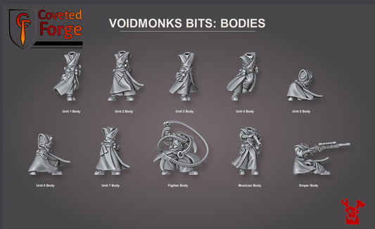 Coveted Forge bits sheet: Bodies (1 of 6), Voidmonks of Delak build kit, every part labelled as in the dropdown