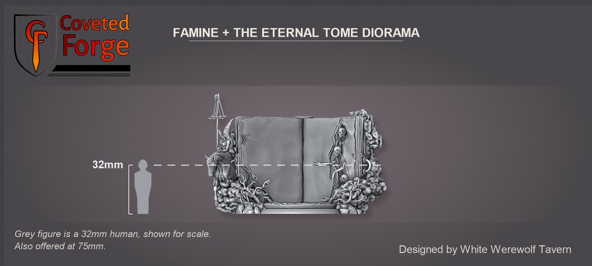 The Famine and the Eternal Tome diorama at 32mm, assembled (mounted rider, open Tome and scenic base), shown beside a 32mm human silhouette for scale reference; also offered at 75mm. Coveted Forge scale render.