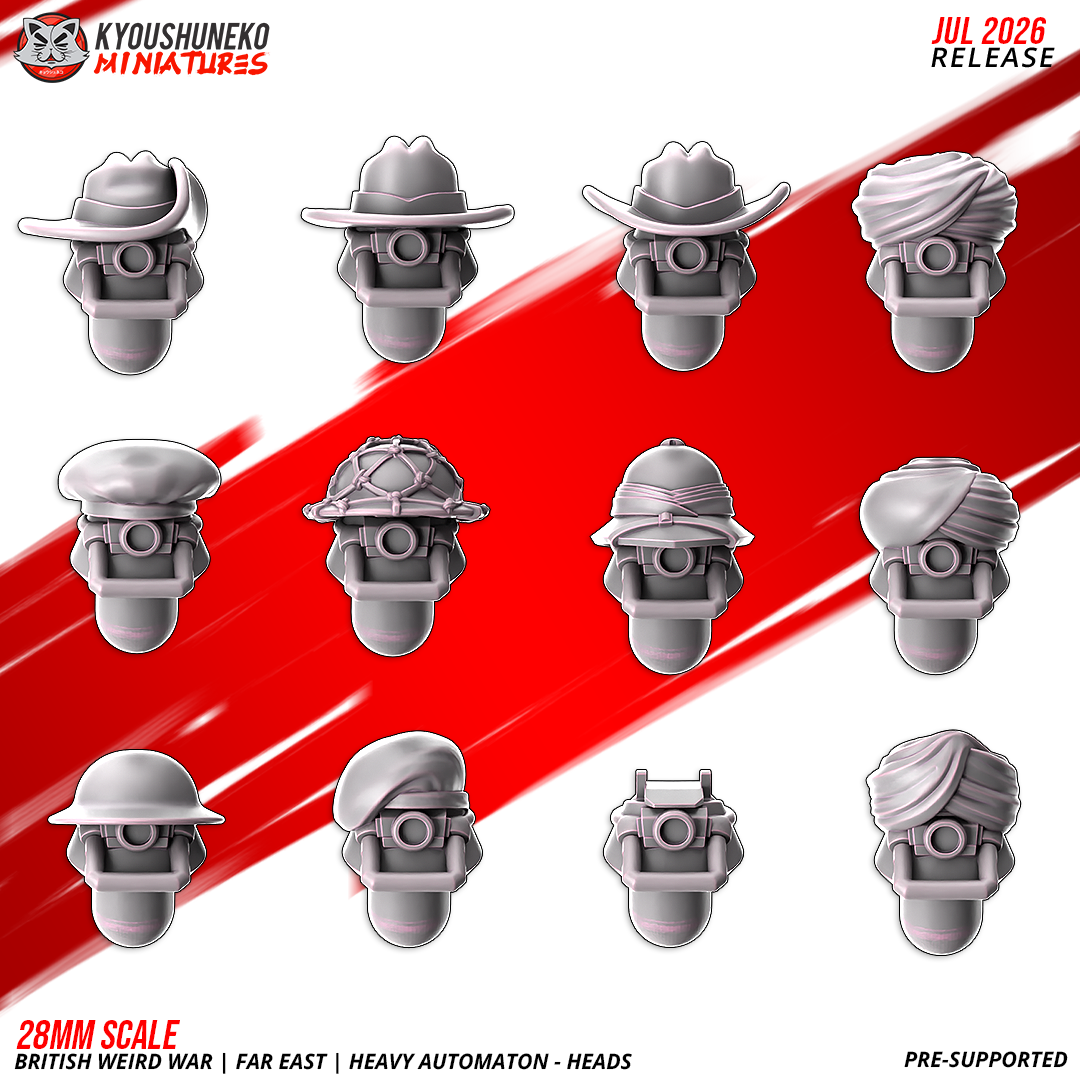 Twelve automaton resin heads in assorted headgear for British weird war walkers and robots