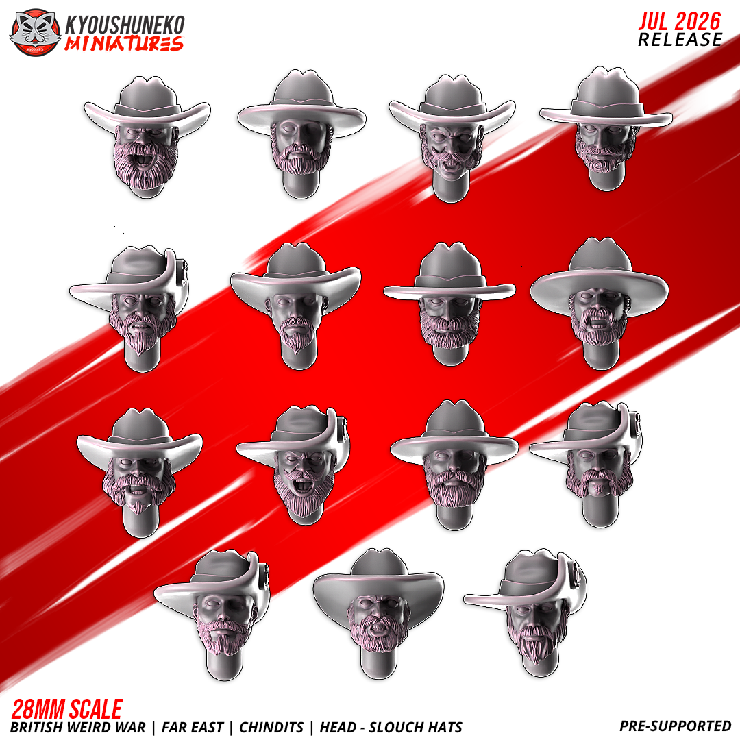 Fifteen Chindit slouch hat resin heads with beards for British Far East infantry kitbashing