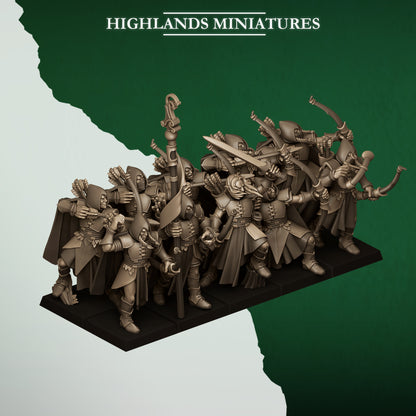 Feral Archers unit with command, second three-quarter view, Highlands Miniatures render