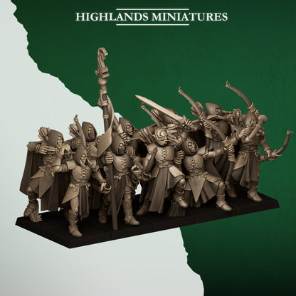 Feral Archers, the full wood elf archer unit ranked with captain, bannerman and musician, front view, 32mm resin miniatures by Highlands Miniatures