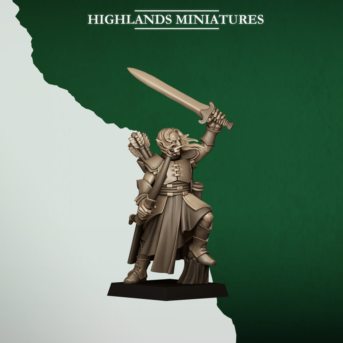 Feral Archers Captain, wood elf unit leader with a sword, Highlands Miniatures render