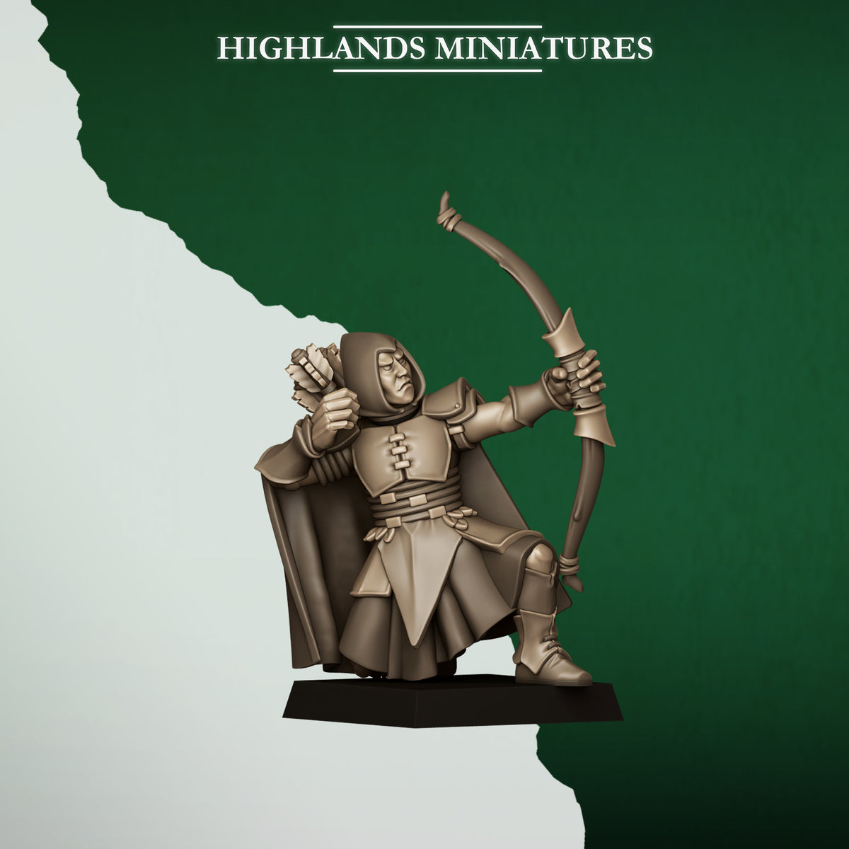 Feral Archers Model 7, wood elf archer with longbow, Highlands Miniatures render
