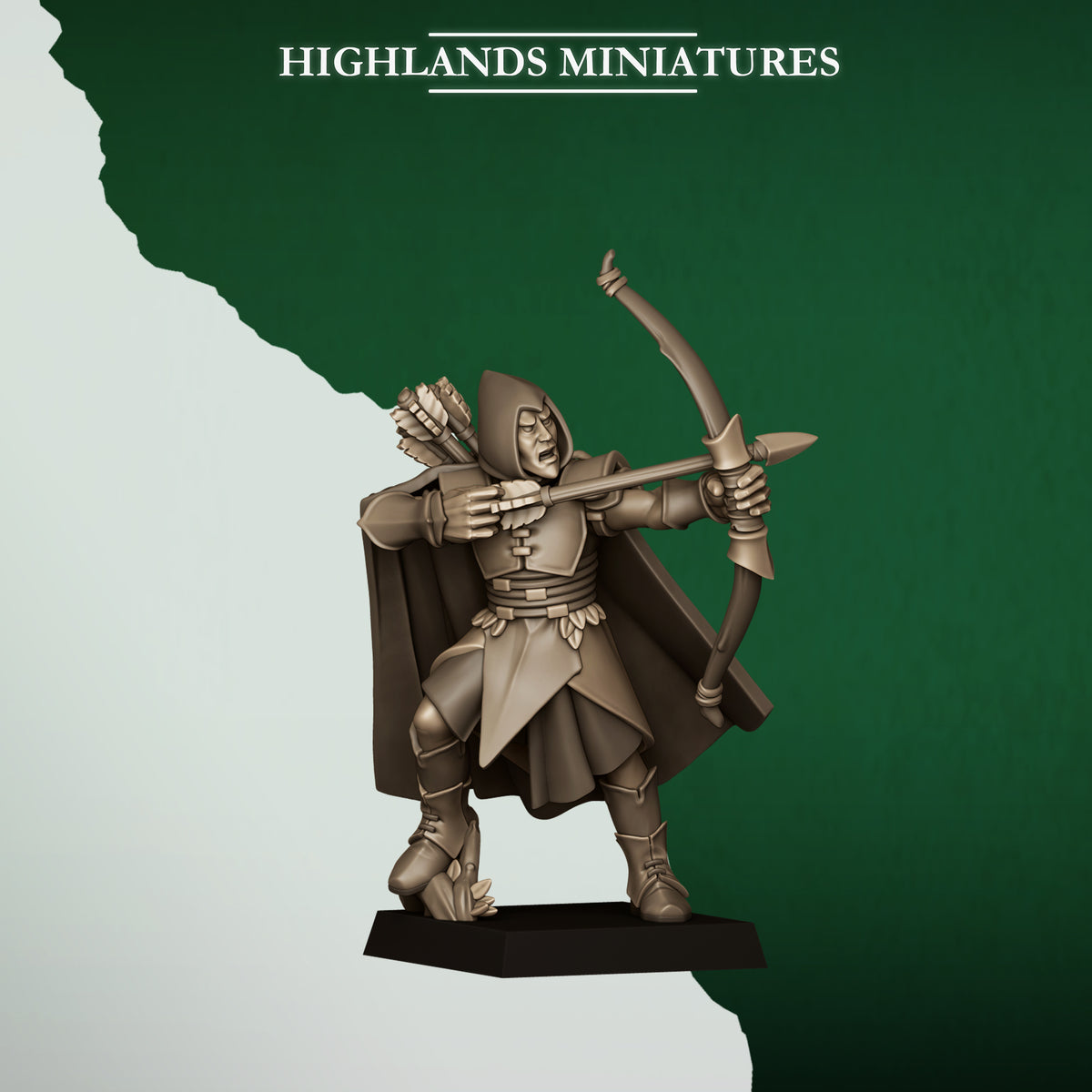 Feral Archers Model 1, wood elf archer with longbow, Highlands Miniatures render