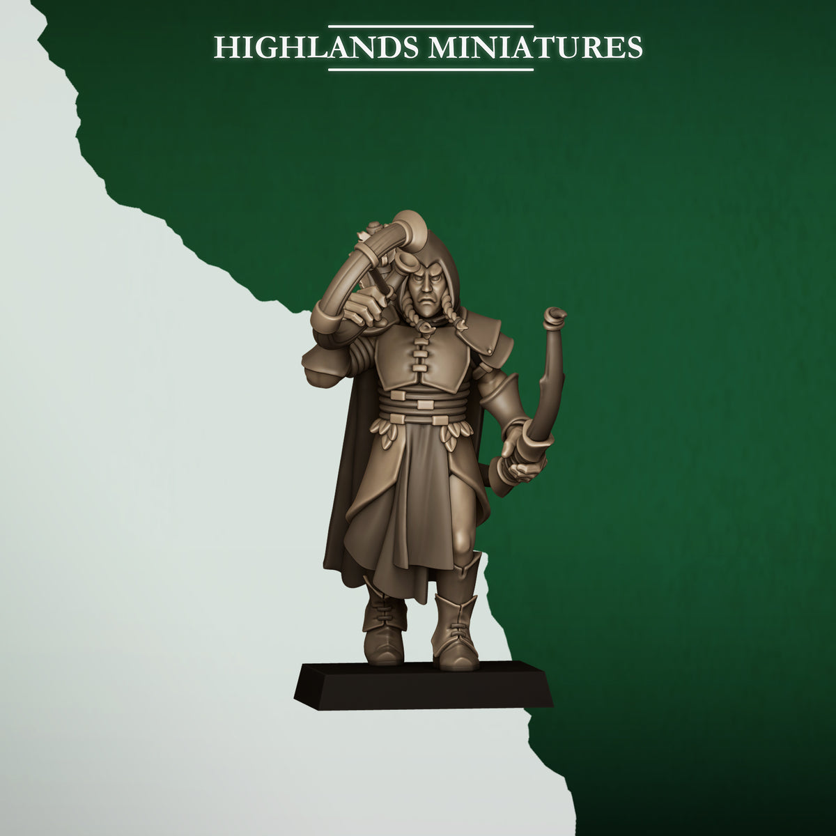 Feral Archers Musician, wood elf hornblower, Highlands Miniatures render
