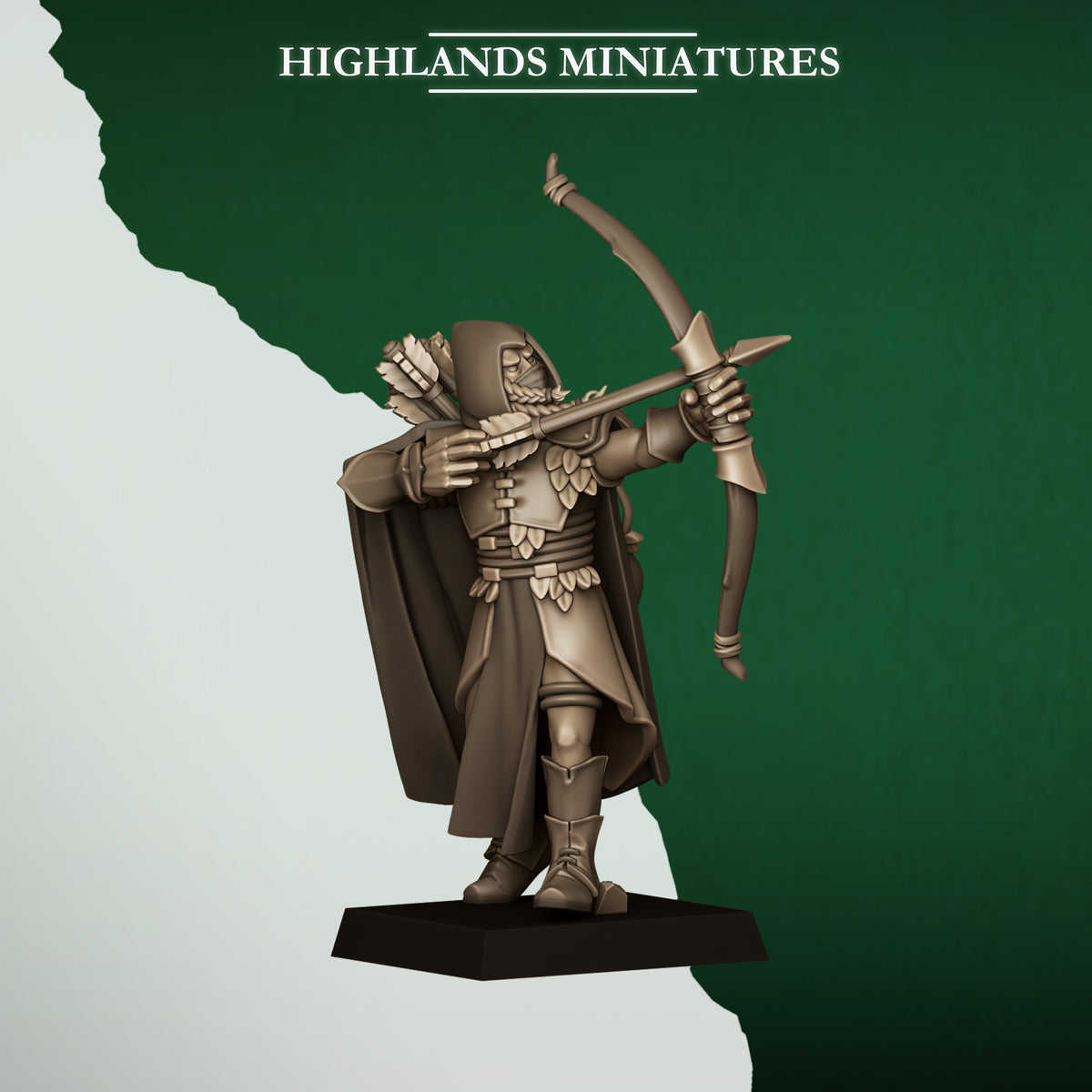 Feral Archers Model 4, wood elf archer with longbow, Highlands Miniatures render