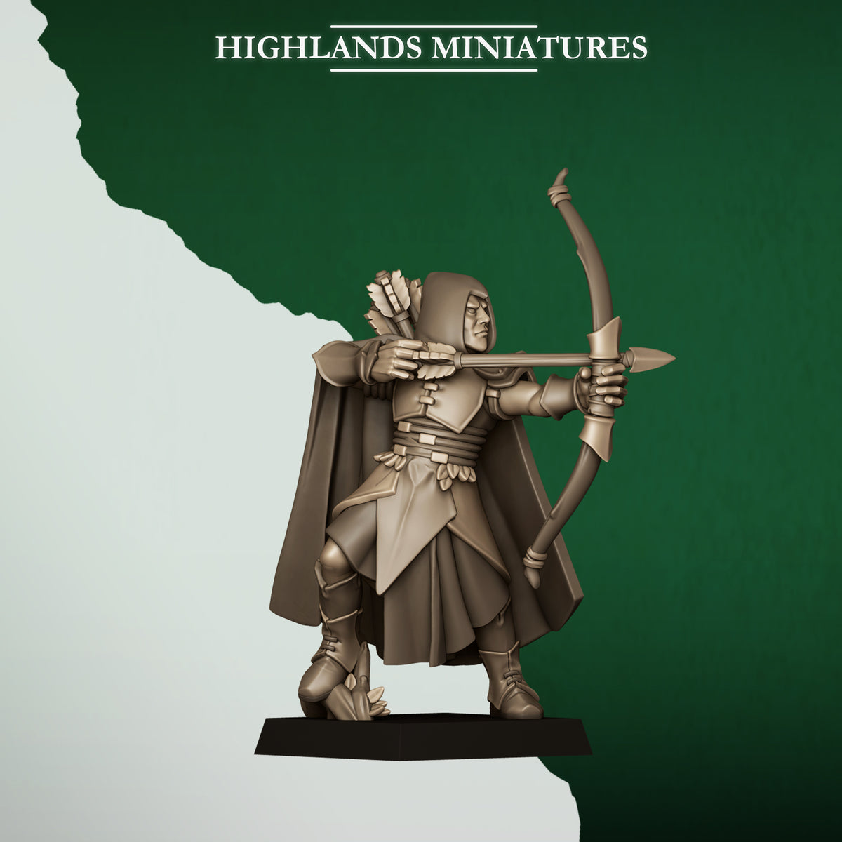 Feral Archers Model 2, wood elf archer with longbow, Highlands Miniatures render