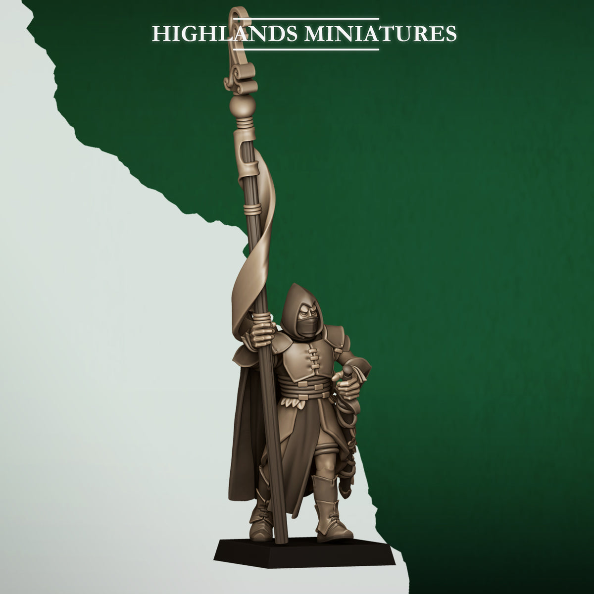 Feral Archers Bannerman, wood elf standard bearer with the unit banner, Highlands Miniatures render