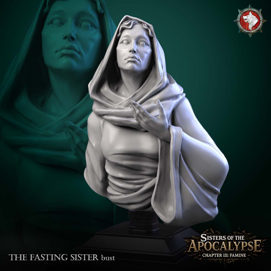 The Fasting Sister bust, a hooded veiled female figure with hands at her chest, 3D printed resin display bust by White Werewolf Tavern.