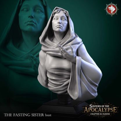 The Fasting Sister bust, a hooded veiled female figure with hands at her chest, 3D printed resin display bust by White Werewolf Tavern.