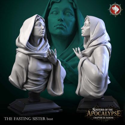 Front and side views of the Fasting Sister display bust on its plinth.