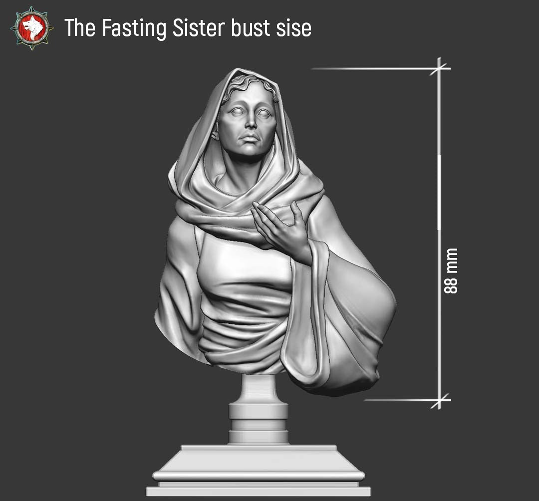 The Fasting Sister bust size chart: about 88 mm tall including the display plinth.