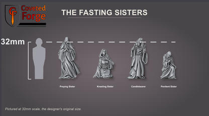 The Fasting Sisters shown at 32mm scale beside a 32mm human silhouette for scale reference.