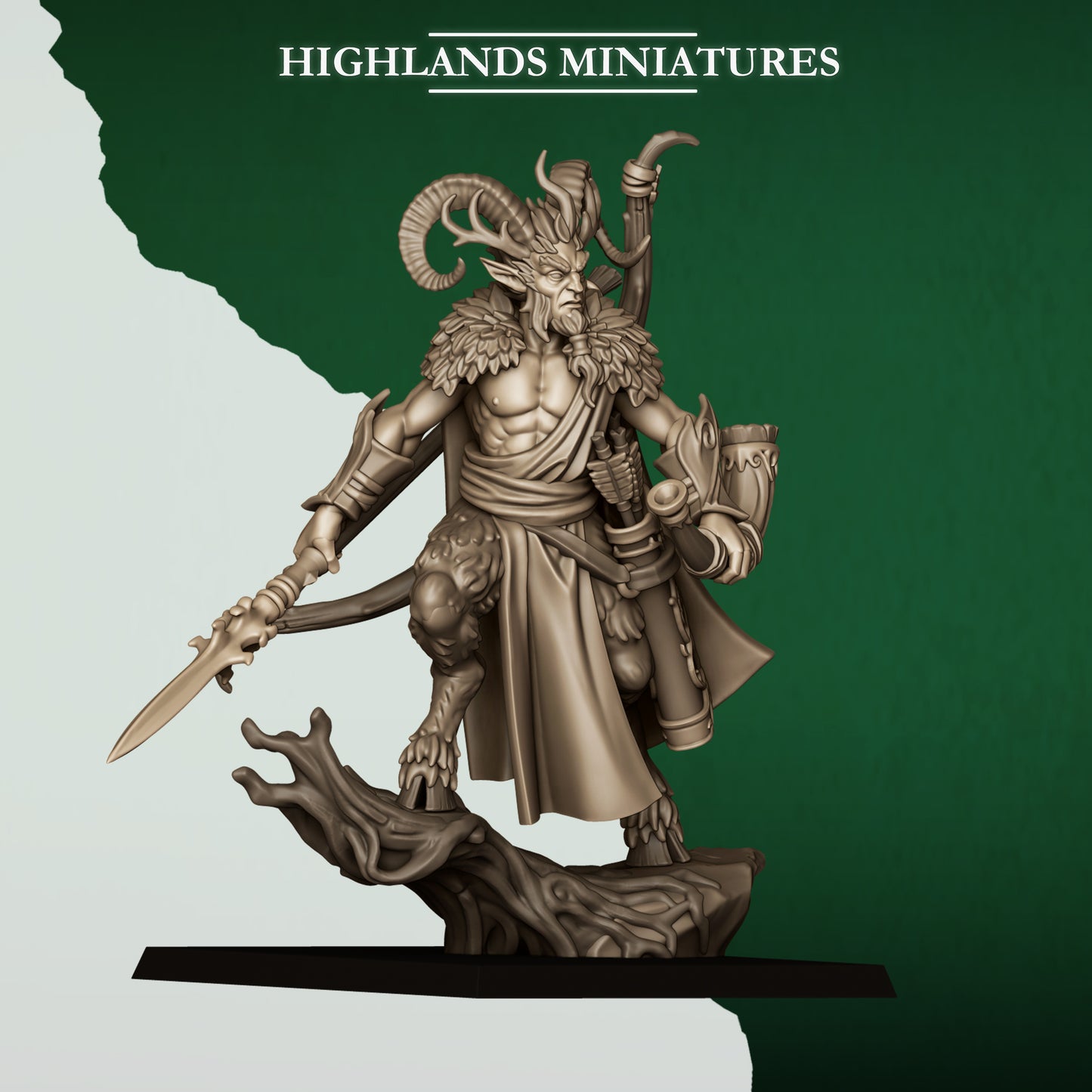Feral Faunus, horned forest demigod monster, alternate view, 32mm resin by Highlands Miniatures