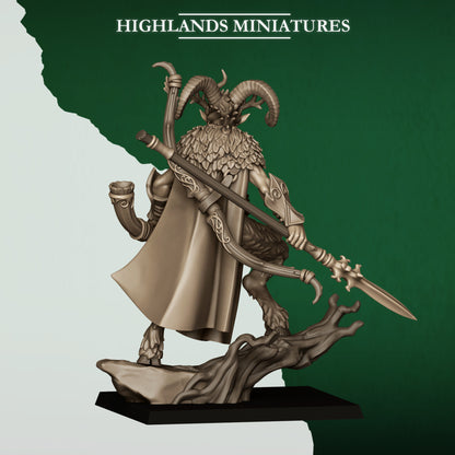 Feral Faunus forest demigod, dynamic view, 32mm resin miniature by Highlands Miniatures