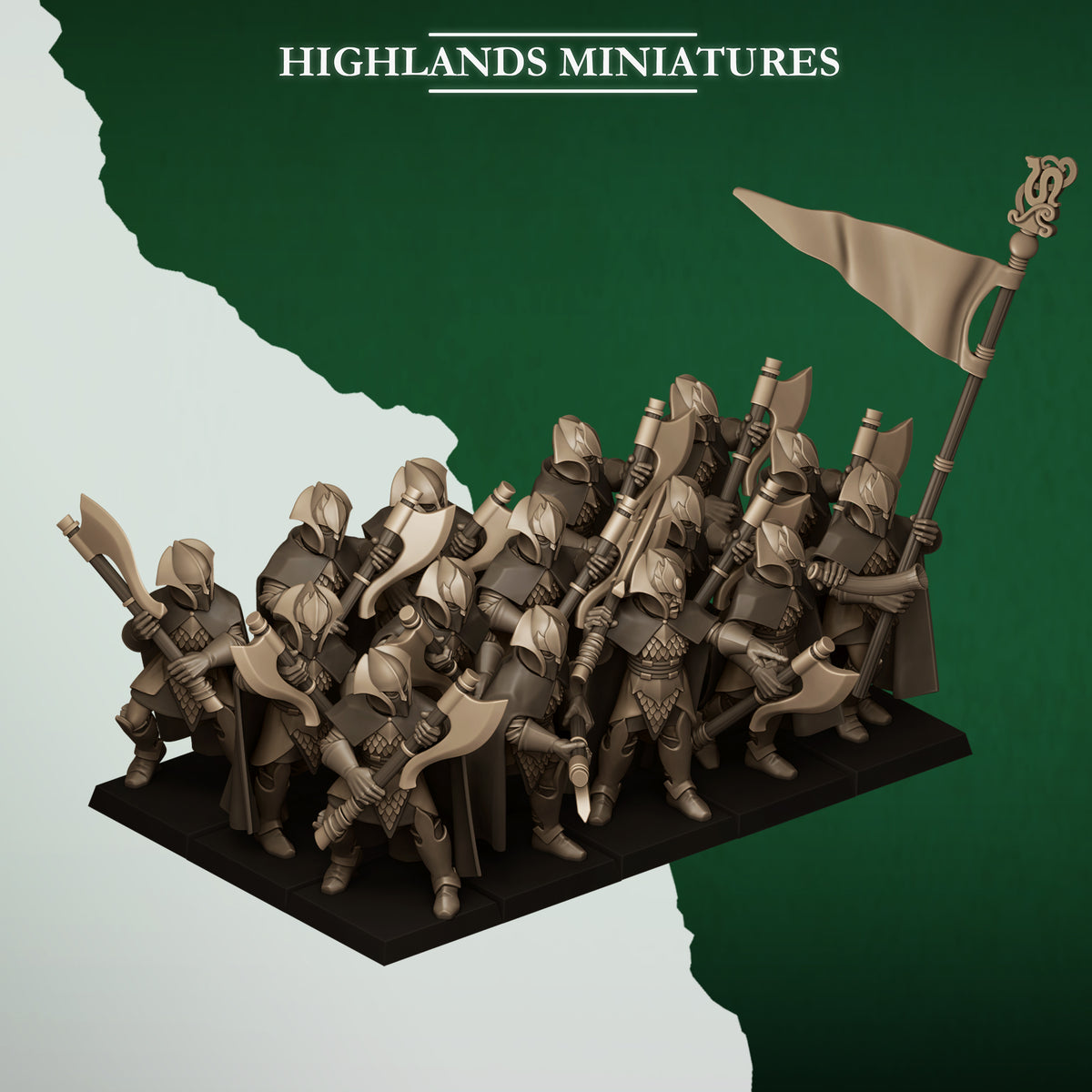 Feral Axemen unit with command, three-quarter view, Highlands Miniatures render