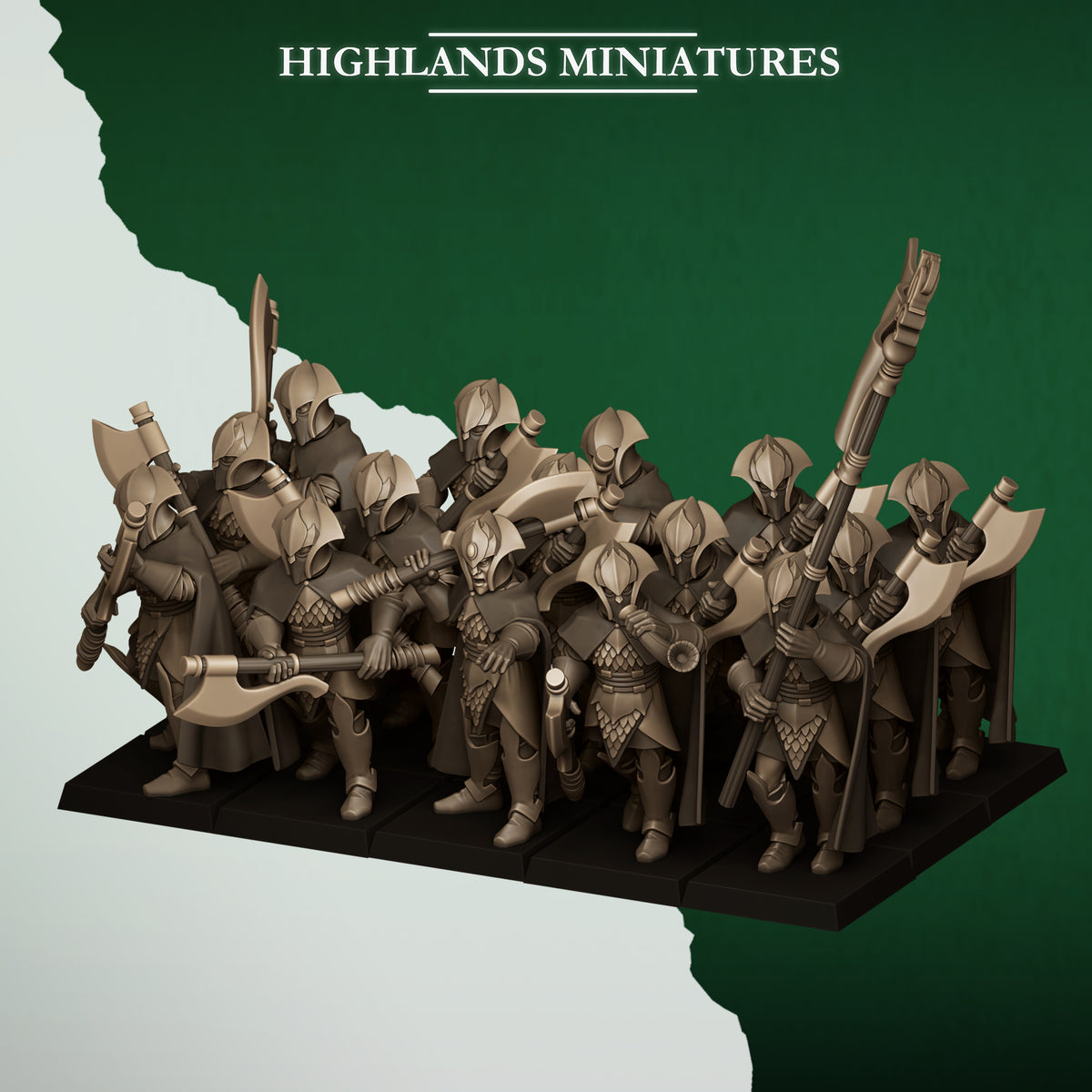 Feral Axemen, the full wood elf great axe unit ranked with captain, bannerman and musician, front view, 32mm resin miniatures by Highlands Miniatures