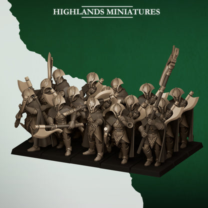 Feral Axemen, the full wood elf great axe unit ranked with captain, bannerman and musician, front view, 32mm resin miniatures by Highlands Miniatures