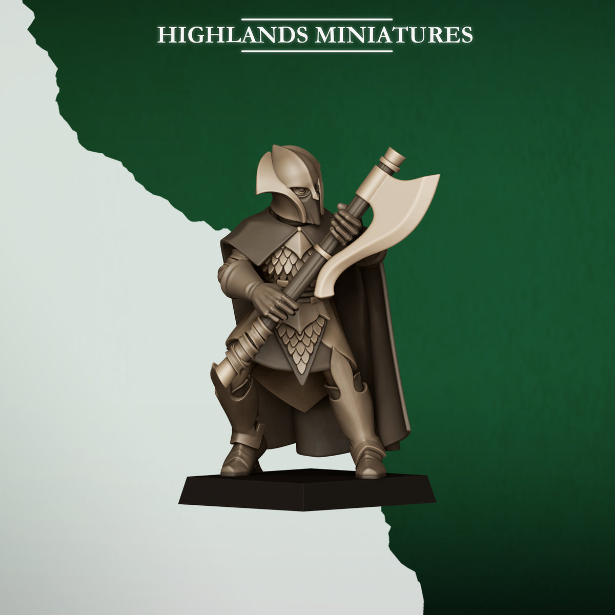 Feral Axemen Model 3, wood elf axeman with a two-handed great axe, Highlands Miniatures render
