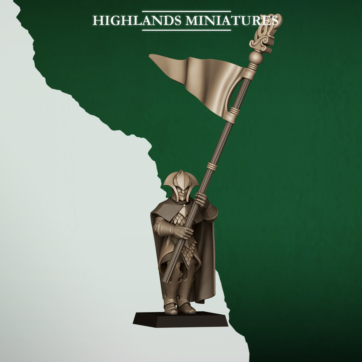 Feral Axemen Bannerman, wood elf standard bearer with the unit banner, Highlands Miniatures render